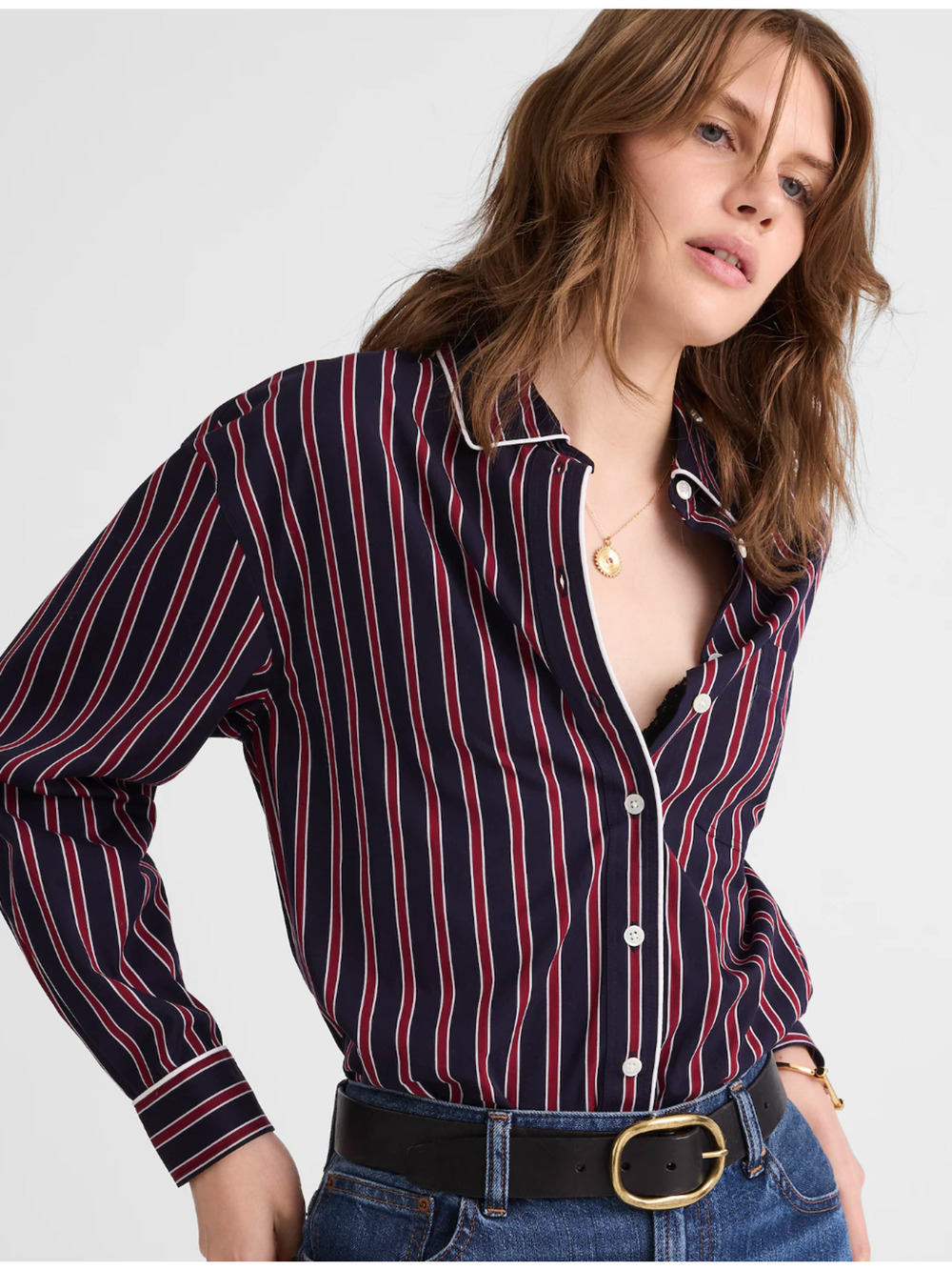 Madewell | NWT Striped Button Up Shirt Red Navy Poplin Relaxed | Sz XL - Picture 1 of 10